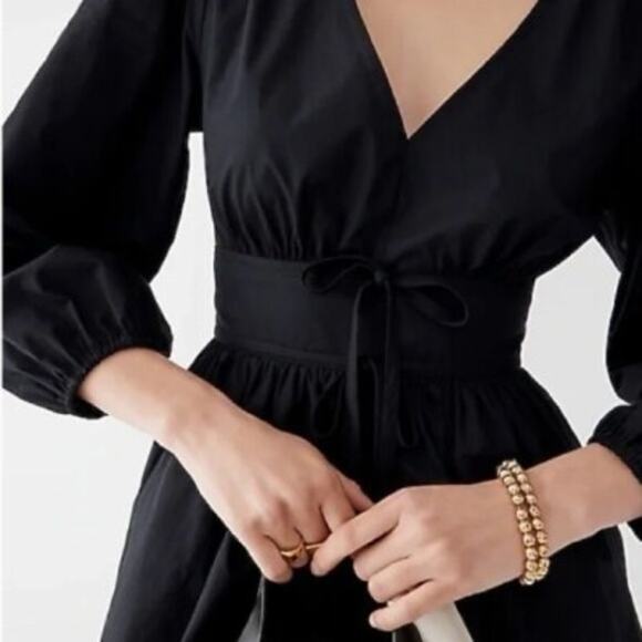 J. Crew Black V-neck Puff Sleeve Cotton Poplin Mini Dress Size 20 new with tags - Picture 2 of 9